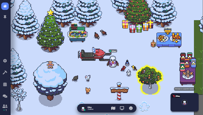 A snowy winter Space in Gather with new Hanukkah, Christmas, Kwanzaa, and winter objects.