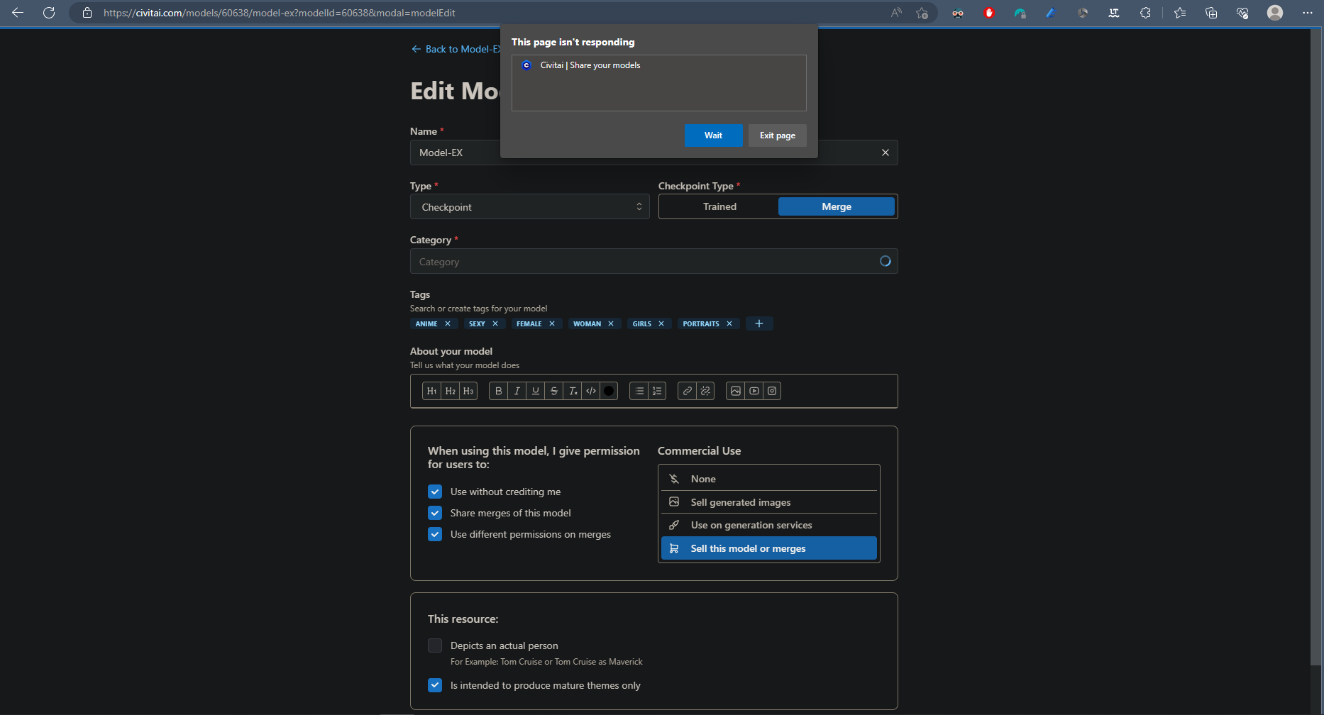 Edit model bug on microsoft edge freeze voters civitai