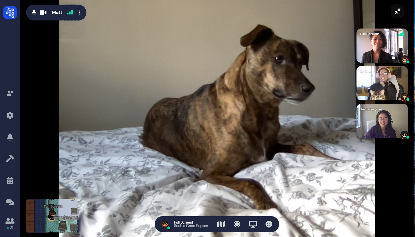 Image of a dog on a bed looking longingly at a video of a person with a cat along with several over videos stacked vertically on the right side of the screen