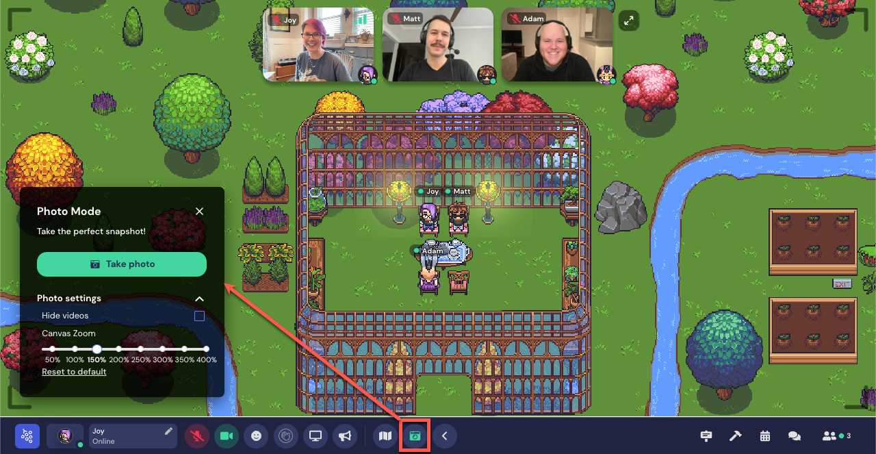 Joy, Adam, and Matt are sitting at the tea table in the botanical garden. Their video feeds display at the top of the screen, and the Photo Mode modal is open with a Take photo button and a checkbox to hide videos and change canvas zoom.