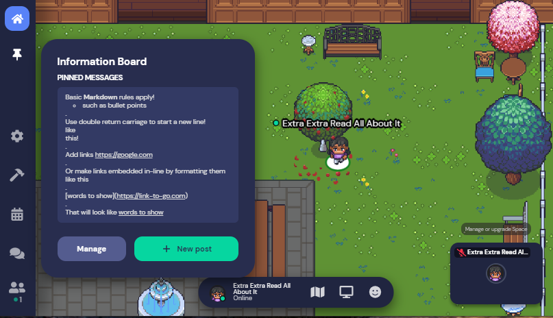 A screenshot of the botanical garden template with an avatar named "Extra Extra Read All About It." The Information Board is open and the Pinned Messages section shows detailed text about markdown rules.
