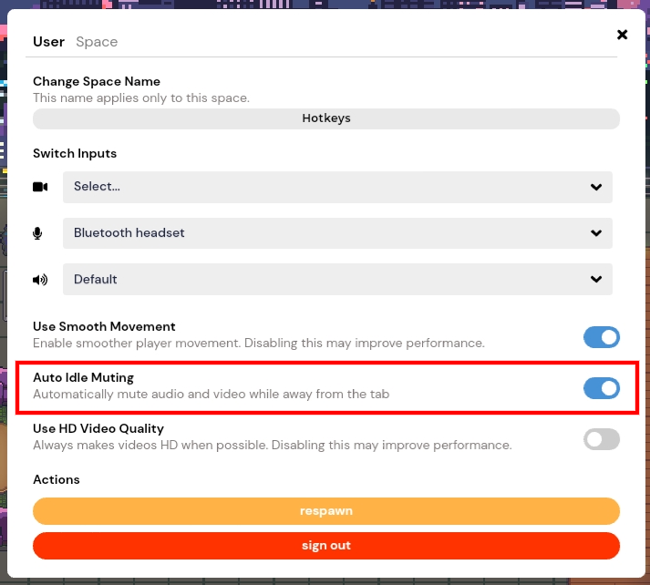 User Settings menu showing toggle to turn Auto Idle Muting on and off