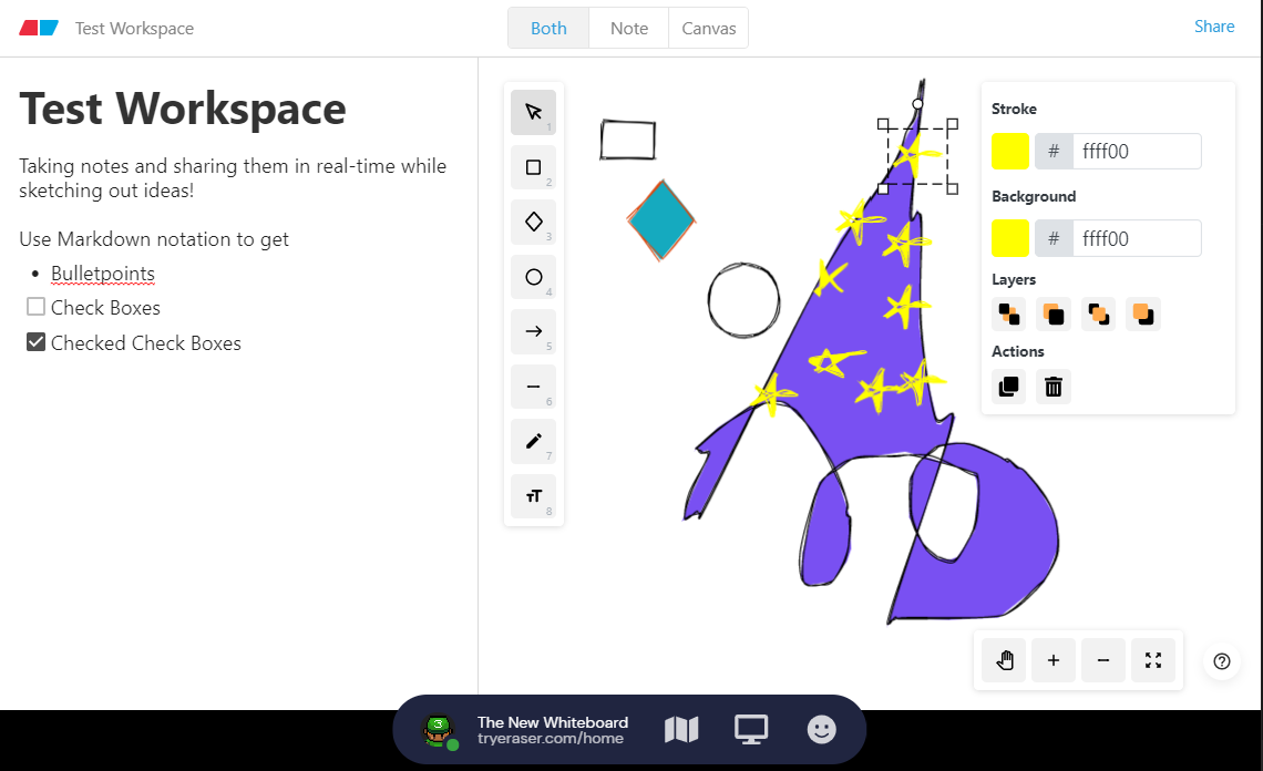 Image showing the new white board interface with notes on one side and drawings on the other. One object is selected to show properties