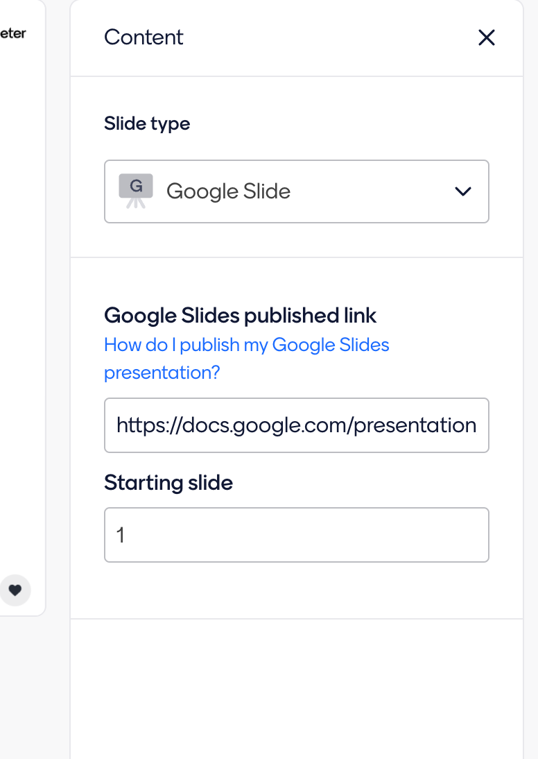 Add Google Slides in Menti with start and finish slide to go throughout ...