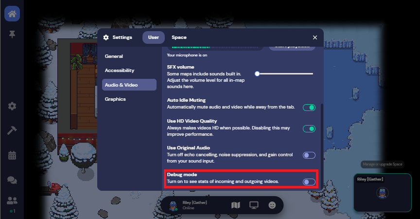 The Audio & Video section of User Settings, with the Debug Mode feature outlined in red.