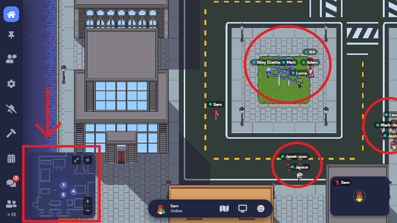 The new mini map in the bottom left of a Gather Space shows three areas on the Map where people are gathered together in groups of 5, 3, and 4, respectively. 