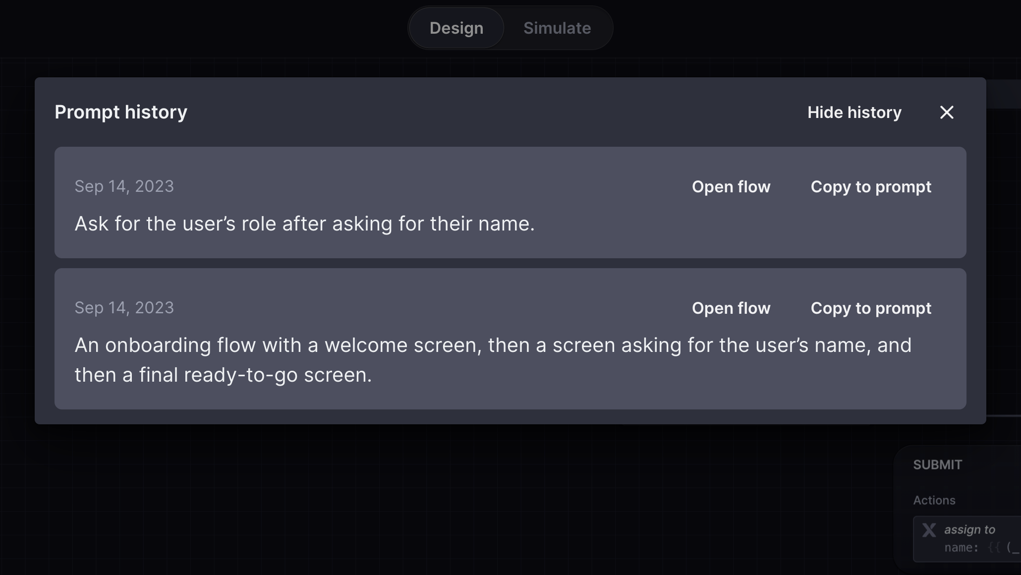 Prompt history in Generate flows dialog which shows two text descriptions previously used to generate flows, with buttons to open flow and copy to prompt.