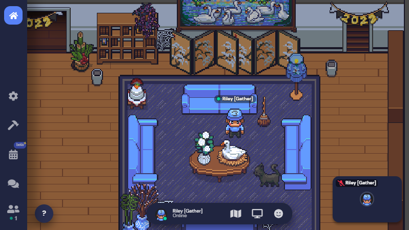 A New Years Space in Gather, with Riley and a black cat together in a living room with blue couches and carpet.