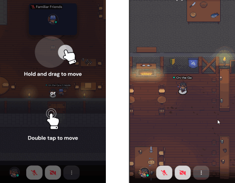  A screenshot of the view of Gather in mobile. Instructions on the screen read: “Double tap to move” and “Hold and drag to move.” 2) A gif of Gather on mobile. The three dots at the bottom of the screen are tapped. A menu opens that reads “On the Go” at the top. Quiet mode is toggled on, and then “Change A/V input” is tapped to view Video and Camera inputs.