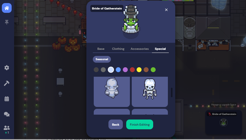 Alt text = A screenshot of the Night Market template with the character picker open. The Special tab is open in the character picker, the white color is selected. An image of a ghost and skeleton display as character options. The preview character at the top of the character picker is a green character wearing a white dress with the Bride of Frankenstein's hair (tall and black with white streaks). 