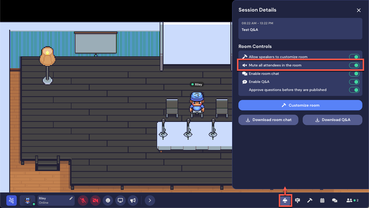 Riley sits at a table in a front of a mic. The Session Details pane is open and the toggle for Mute all attendees in the room is outlined in red.