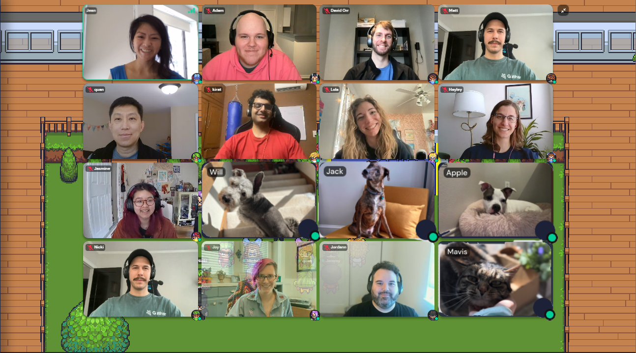 A video grid showing 16 video feeds of smiling Gather employees and a few Gather pets.