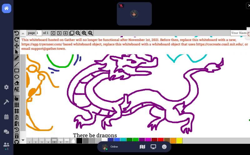 A screenshot of a fullscreen Cocreate board in Gather, which features a drawing in purple of a dragon. At the top of the Cocreate board, a message reads, “This whiteboard is hosted on Gather and will no longer be available after November 1, 2021. Prior to that date, replace this Cocreate whiteboard with our new Eraser-powered whiteboard object, or add a Cocreate URL as an embedded website for this whiteboard object.”