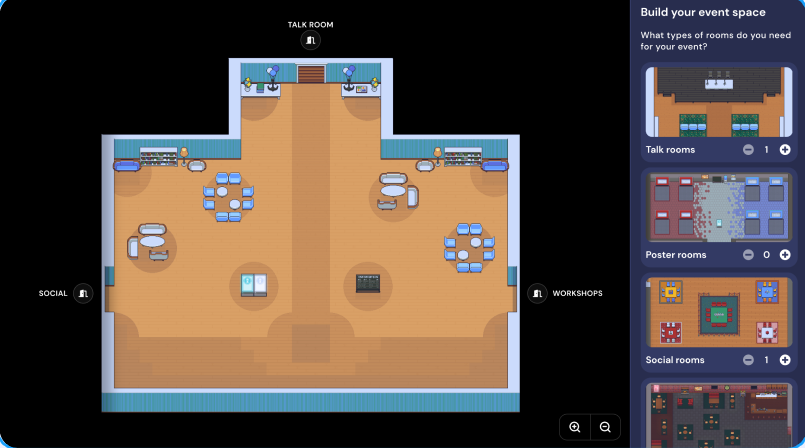 The lobby of the new dynamic events Space. A panel on the right lets you add or remove talk rooms, breakout rooms, social rooms, booth rooms, and poster rooms.