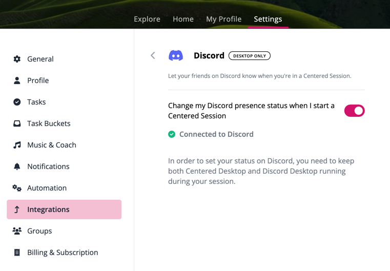 Discord integration in Settings