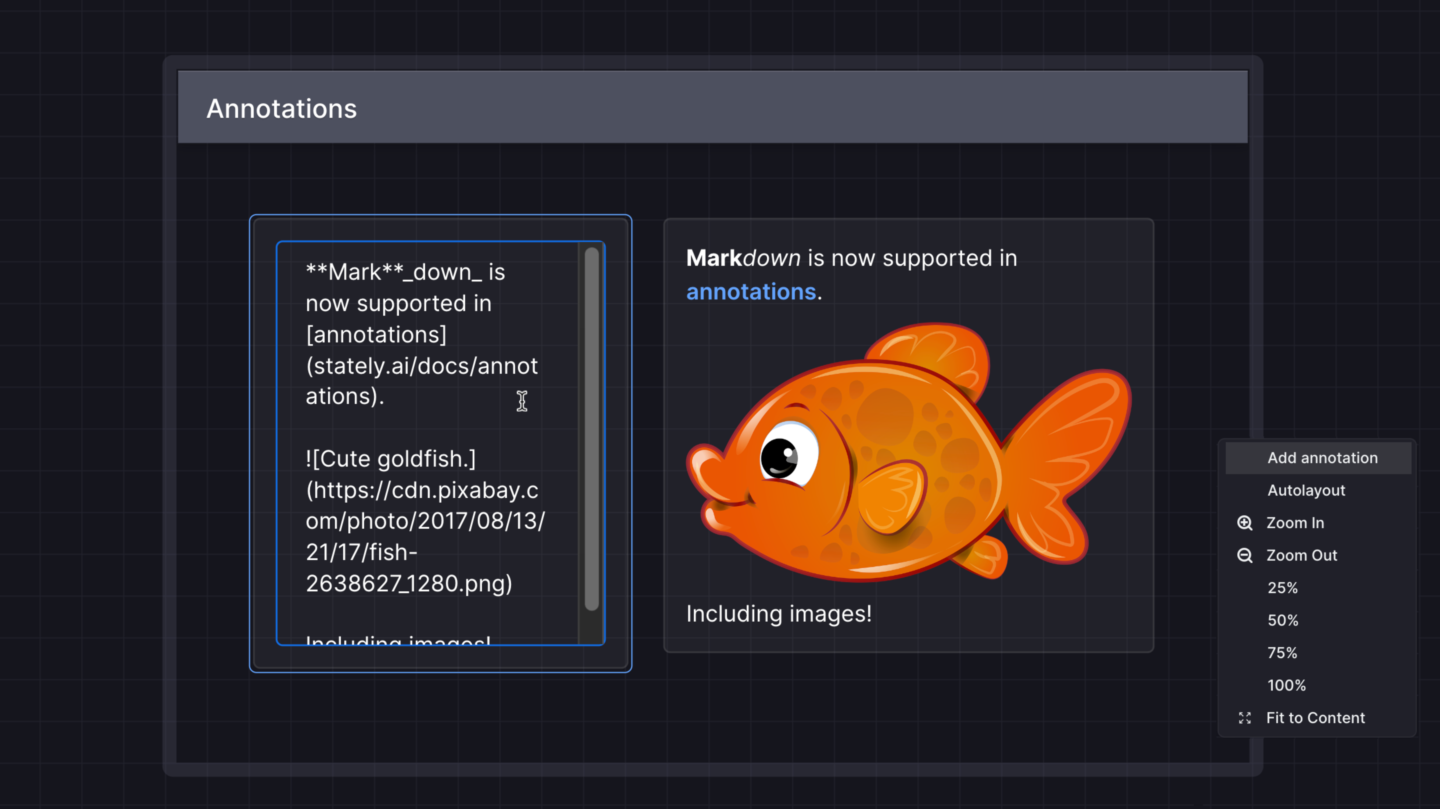Markdown being entered into an annotation, and that same annotation with bold text, italic text, a link, and a cute goldfish image.