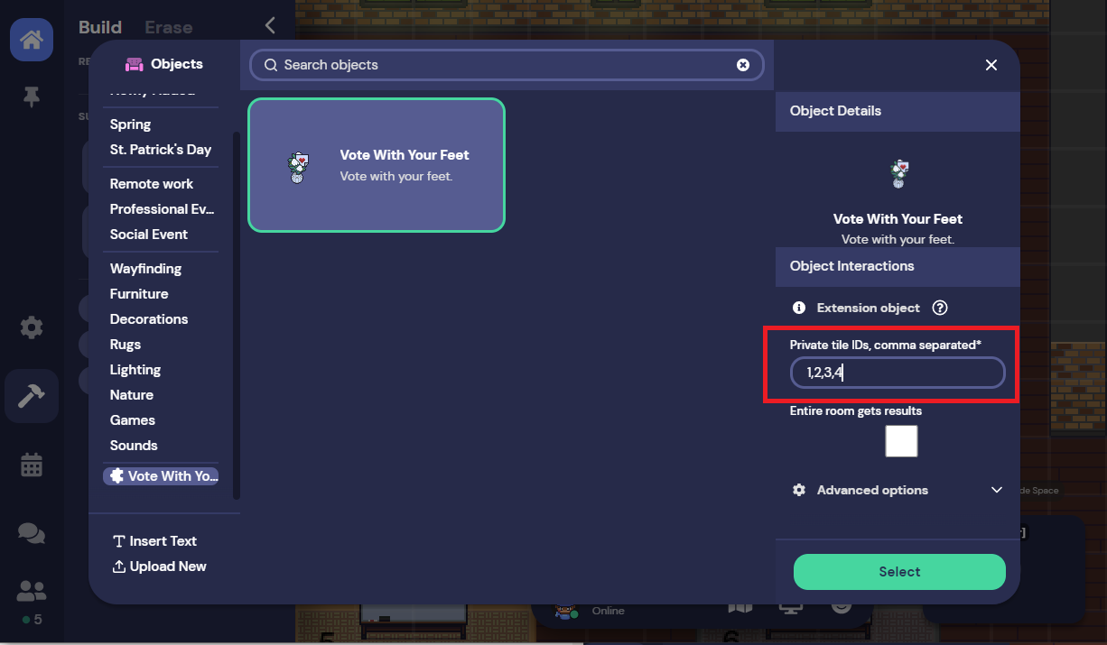 The Object Picker with the Vote With Your Feet extension object selected. The numbers 1, 2, 3, and 4 are listed and separated by commas in the Private tile IDs field.