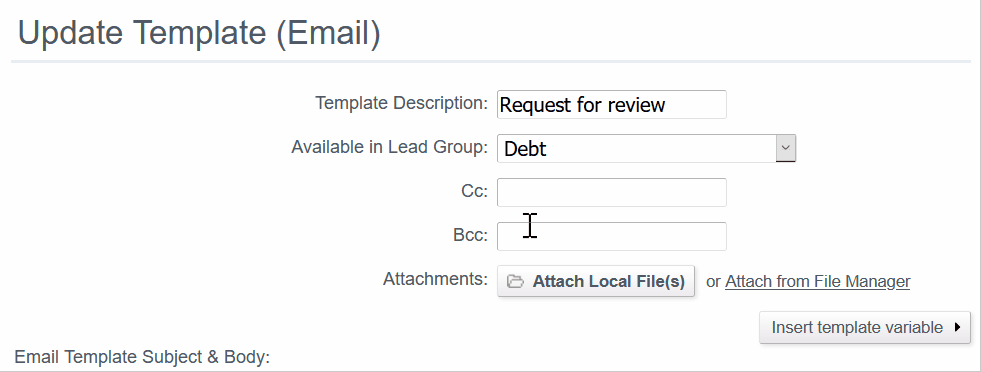 Bcc on templates