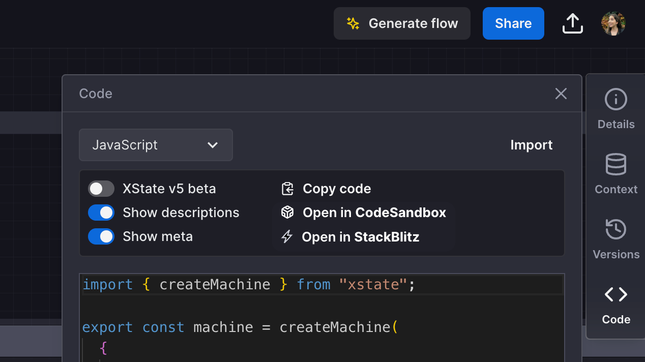 Code panel where JavaScript is selected from the dropdown. There are toggles for XState V5 beta, Show descriptions, and Show meta. There are options to Copy code, Open in CodeSandbox, and Open in StackBlitz.