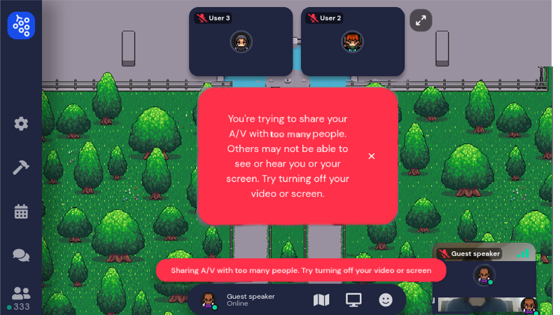 A view of a park space as a guest speaker. A red warning message displays at the bottom of the window that reads "Sharing A/V with too many people. Try turning off your video or screen."