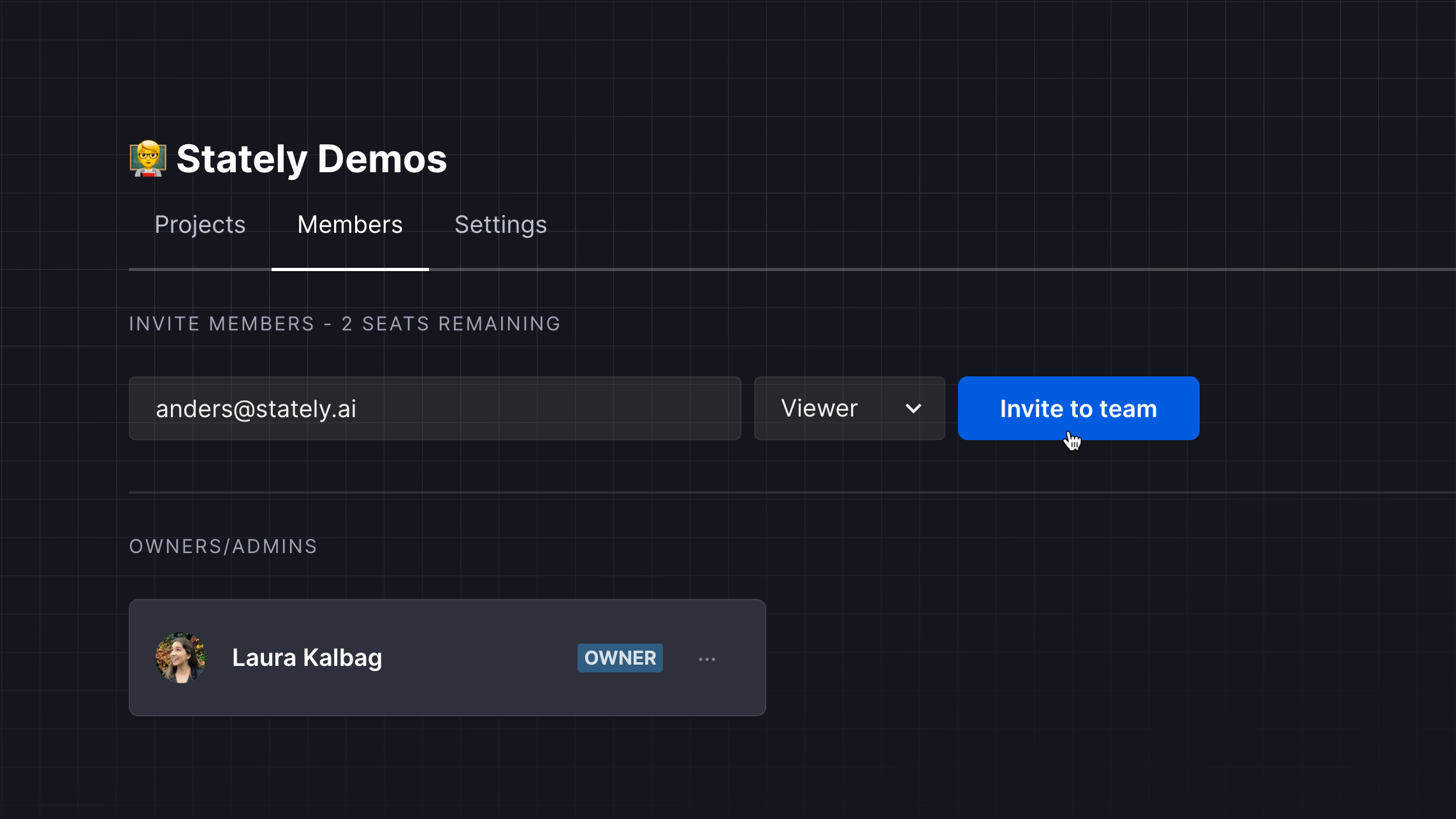 Stately Demos team Members page. Showing Anders being invited to the team with the Viewer role.