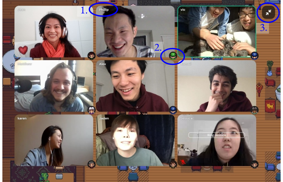 Image with a 3 by 3 grid of video call videos with circles around the described feature with the corresponding number