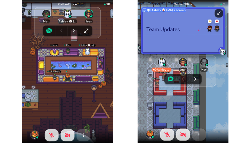 Two screenshots of Gather on Mobile. In the first, prioritized audio is turned on and the regular view of videos is replaced by character icons with each person's name underneath. The second image shows a presentation that is being shared. The current slide says, Team Updates." The other people connected have their icons and names listed underneath the presentation. 