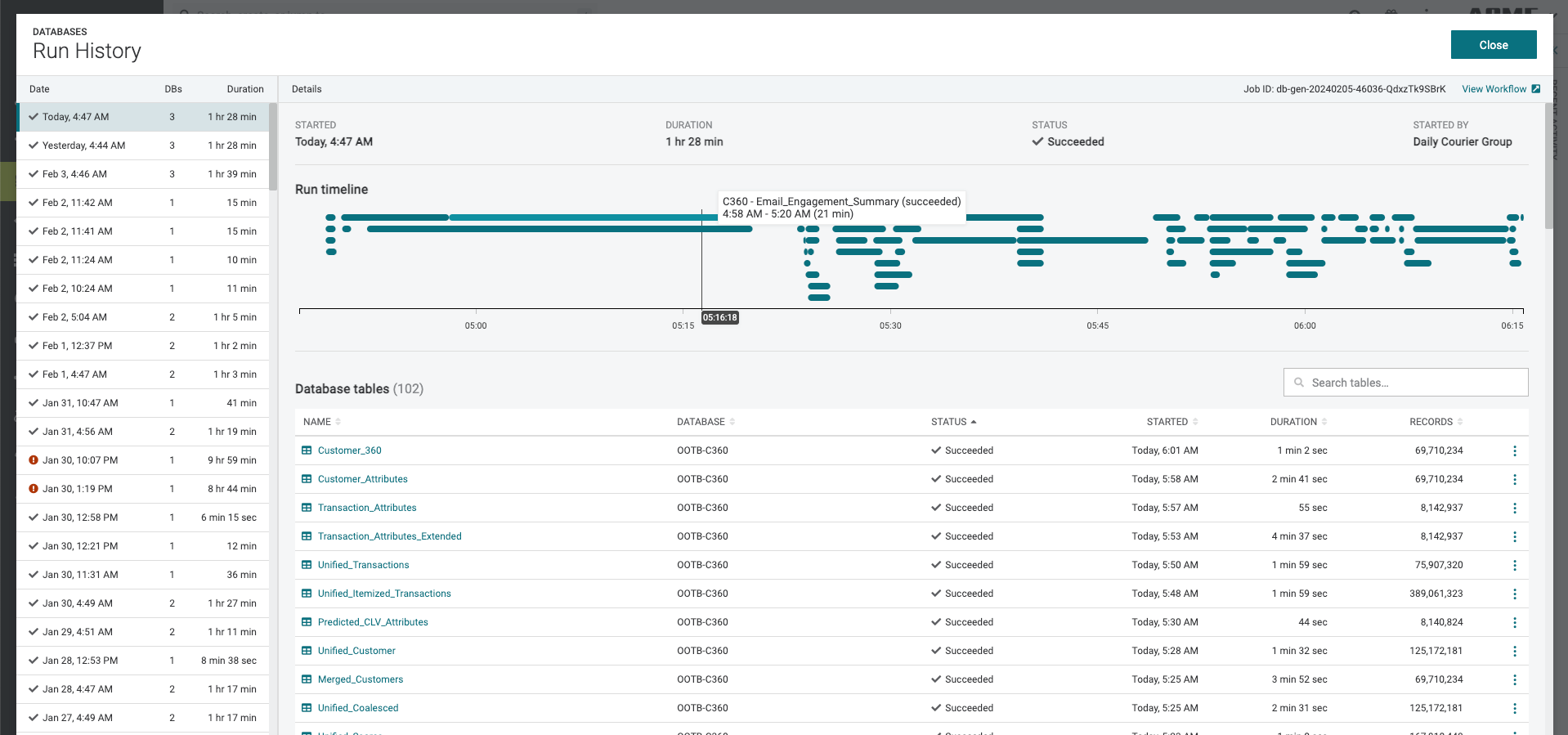 Database Run History Modal
