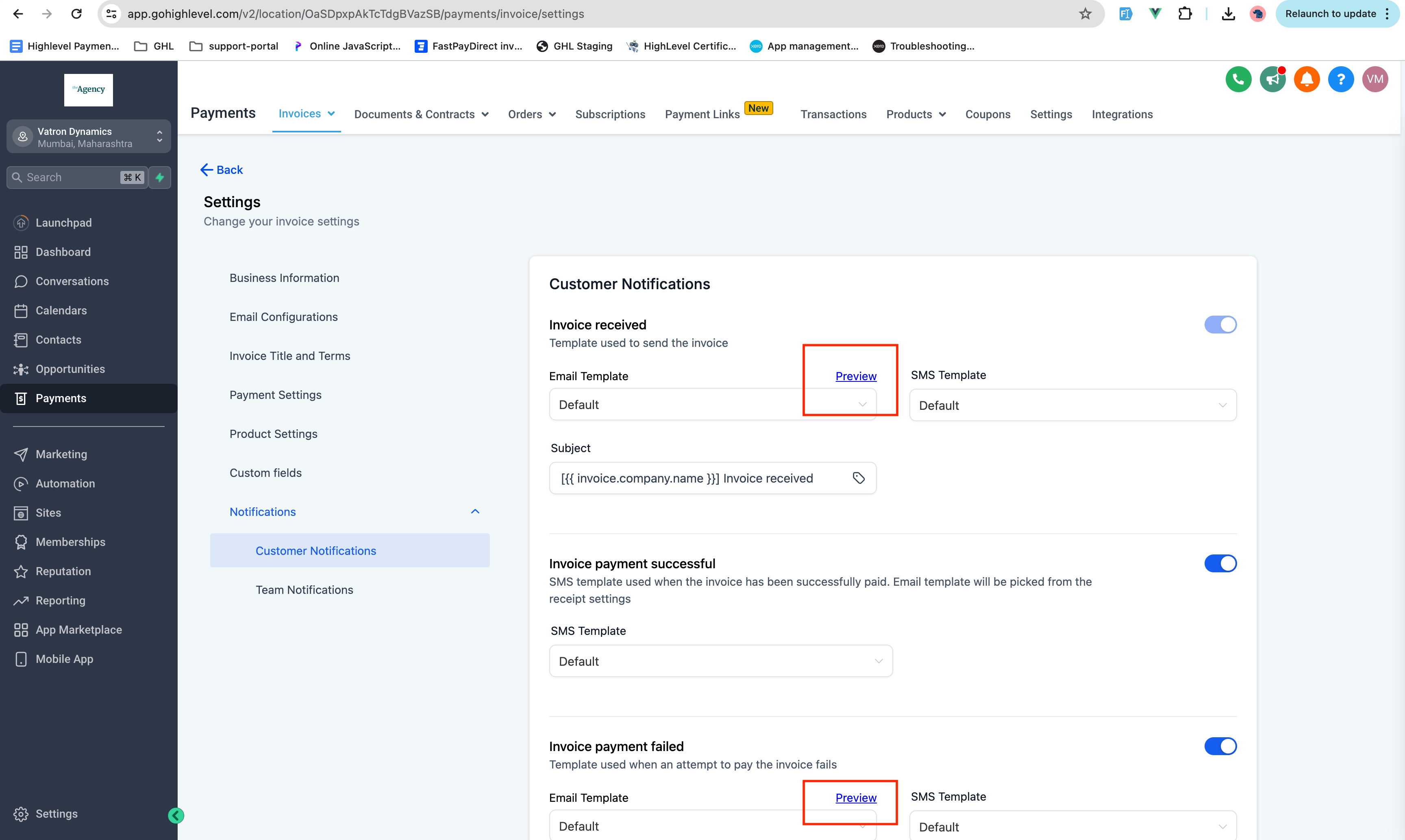 Invoice Settings Page