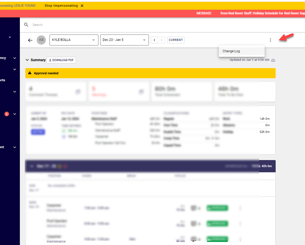 Change Log on Timesheet Entries | Voters | Red Rover