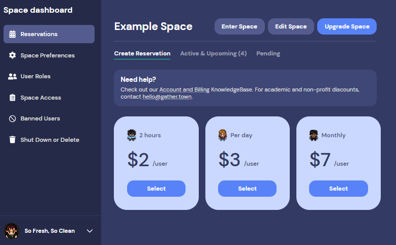 A view of the new Space dashboard. The Create Reservation tab displays, with the updated pricing for 2-hour ($2/user), Per day ($3/user), and Monthly ($7/user) reservations. 