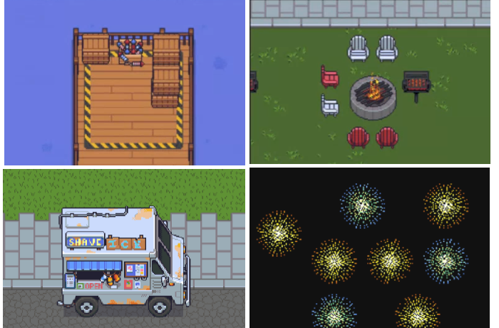 four images in a 2 by 2 grid. The upper left image is of fireworks in a box on the end of a doc, the upper right photo is of 6 chairs around a firepit with a bbq grill to the right side of the grill, the bottom left image is of an ice cream truck, and the bottom right image is of fireworks on a black background