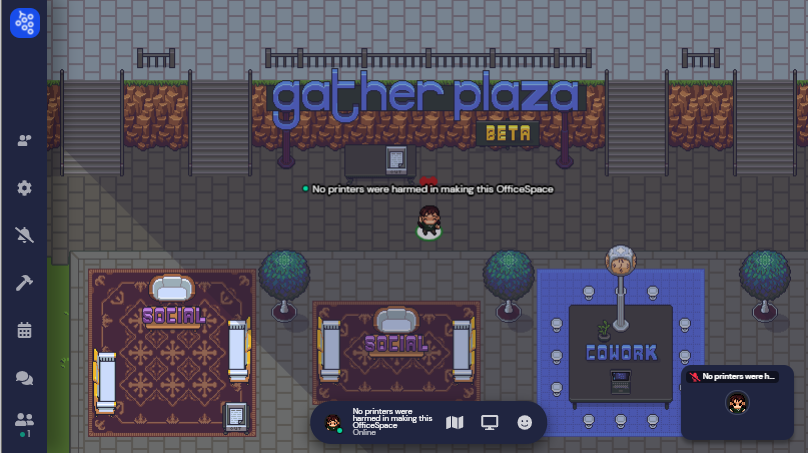 A screenshot of the beta Gather Plaza. The Plaza will offer co-working areas, seen in this image as carpeted areas with tables and chairs, to meet and network with other remote office users in Gather. 