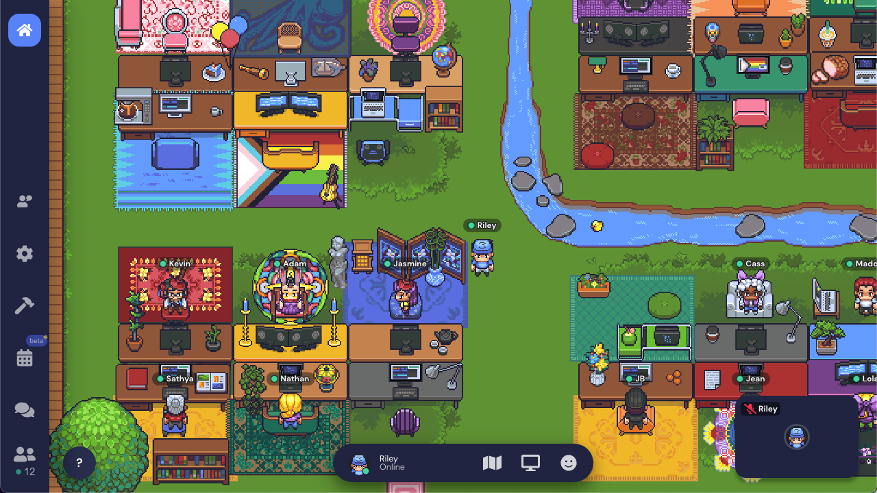 24 brightly decorated desks with different colors and styles of rugs, chairs, lamps, monitors, plants, and decor. Several characters are sitting at their desks.