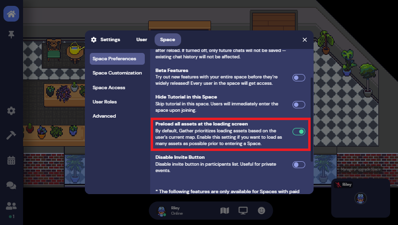 The Space Preferences section of Space Settings, with the new Preload all assets at the loading screen feature toggled on and outlined in red.