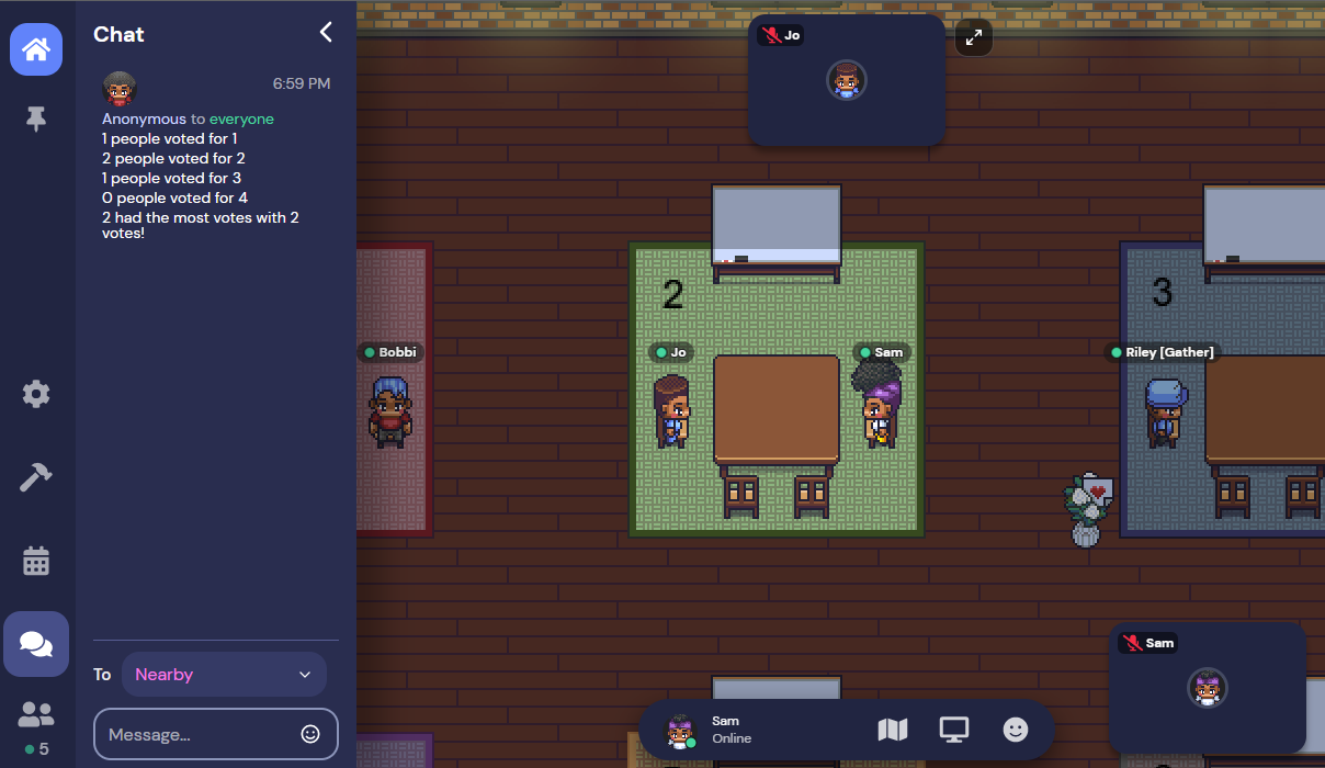 The Gather Chat lists the results of the Vote With Your Feet extension: “1 people voted for 1, 2 people voted for 2, 1 people voted for 3, and 0 people voted for 4. 2 had the most votes with 2 votes!” A green carpet with the number 2 on it shows two characters sitting at a table. 