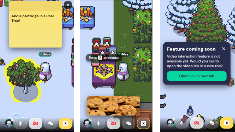 Three mobile screens showing a winter Space in Gather. The first shows the interactive note object, the second an interactive plate of cookies, and the third of the message that displays when you try to view videos on mobile.