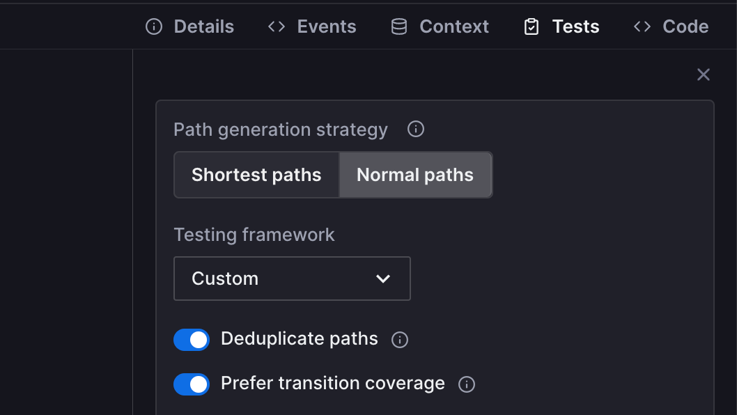 The test generation panel showing options of shortest paths and normal paths, a custom testing framework and toggles selected for deduplicate paths and prefer transition coverage.