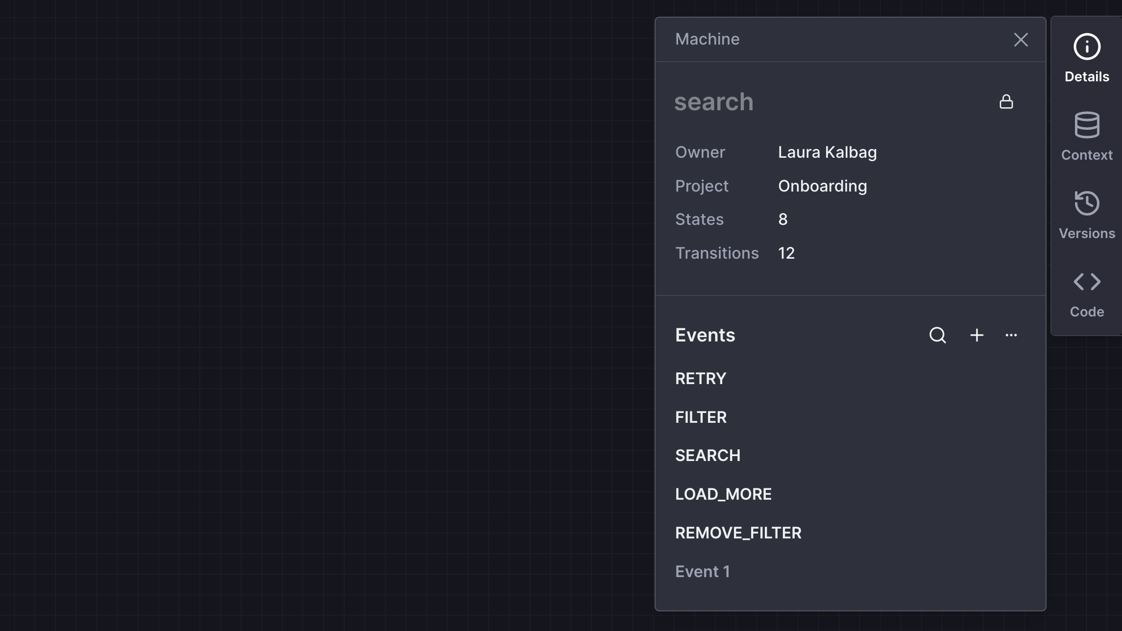 The machine details panel showing a list of events in the current machine, including retry, filter, search, load_more, and remove_filter. There is an unused event called Event 1.