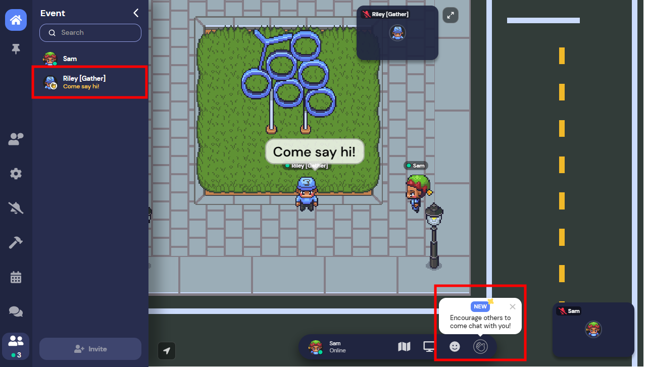 A city Space in Gather with Riley standing on a sidewalk with a Come say hi speech bubble above their head. The Come say hi feature is outlined in red in the bottom bar and in Riley’s status on the Participants panel. 