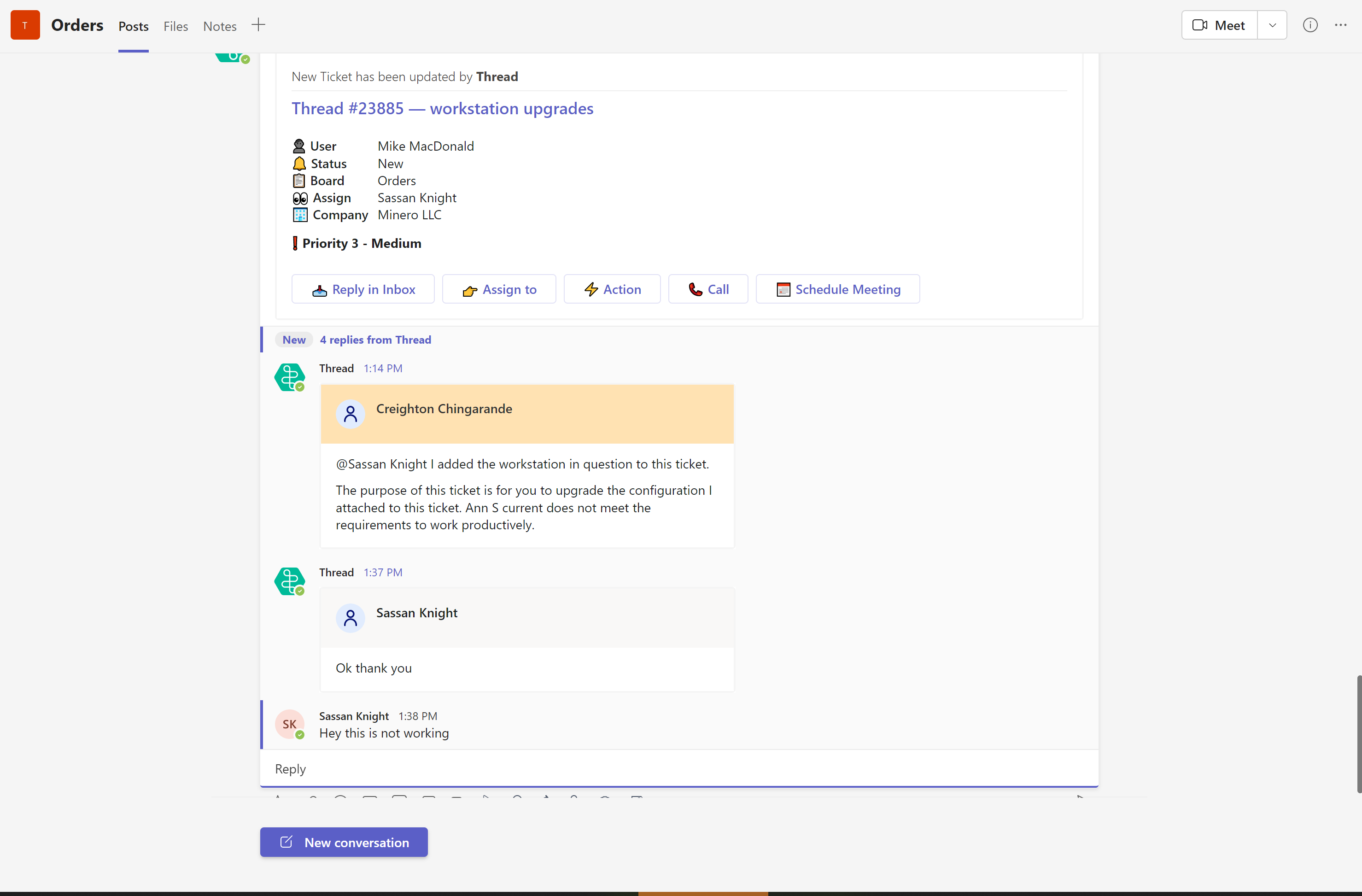 Messages sent in ms teams on a thread are not appearing in inbox