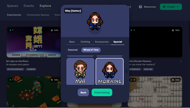 Screenshot of the character selector with the "special" tab selected and the "Wheel of Time" category highlighted. Several example Character costumes are shown such as Mat and Moirane