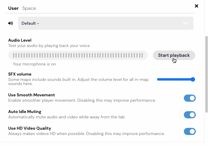 image showing audio level indicator in user settings