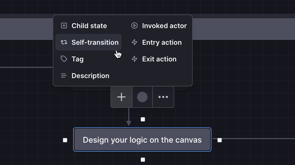 The new plus menu showing options to add a child state, self-transition, tag, description, invoked actor, entry action, and exit action.