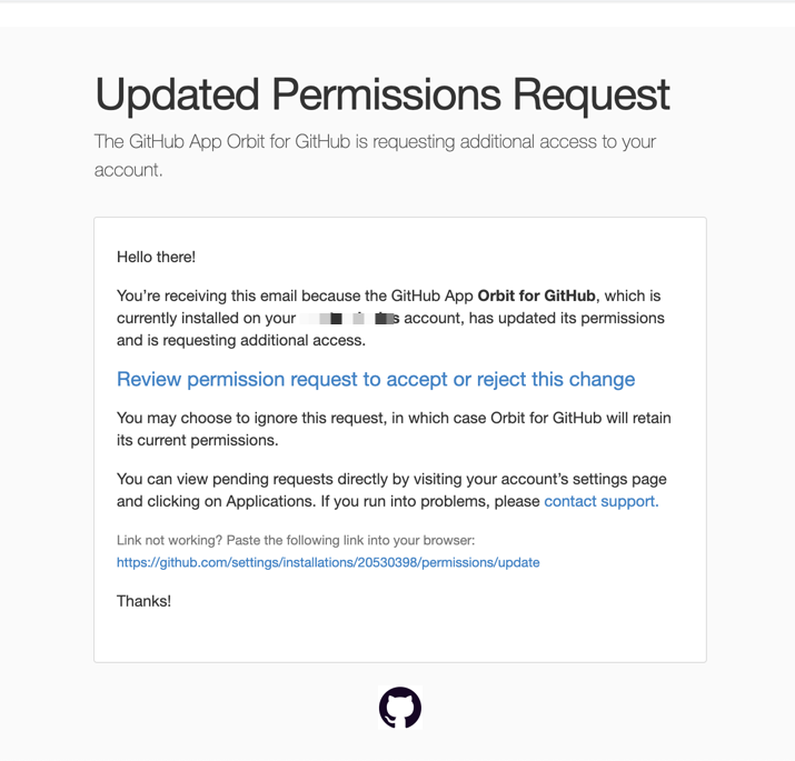 The email that GitHub will send to existing users of our Github integration