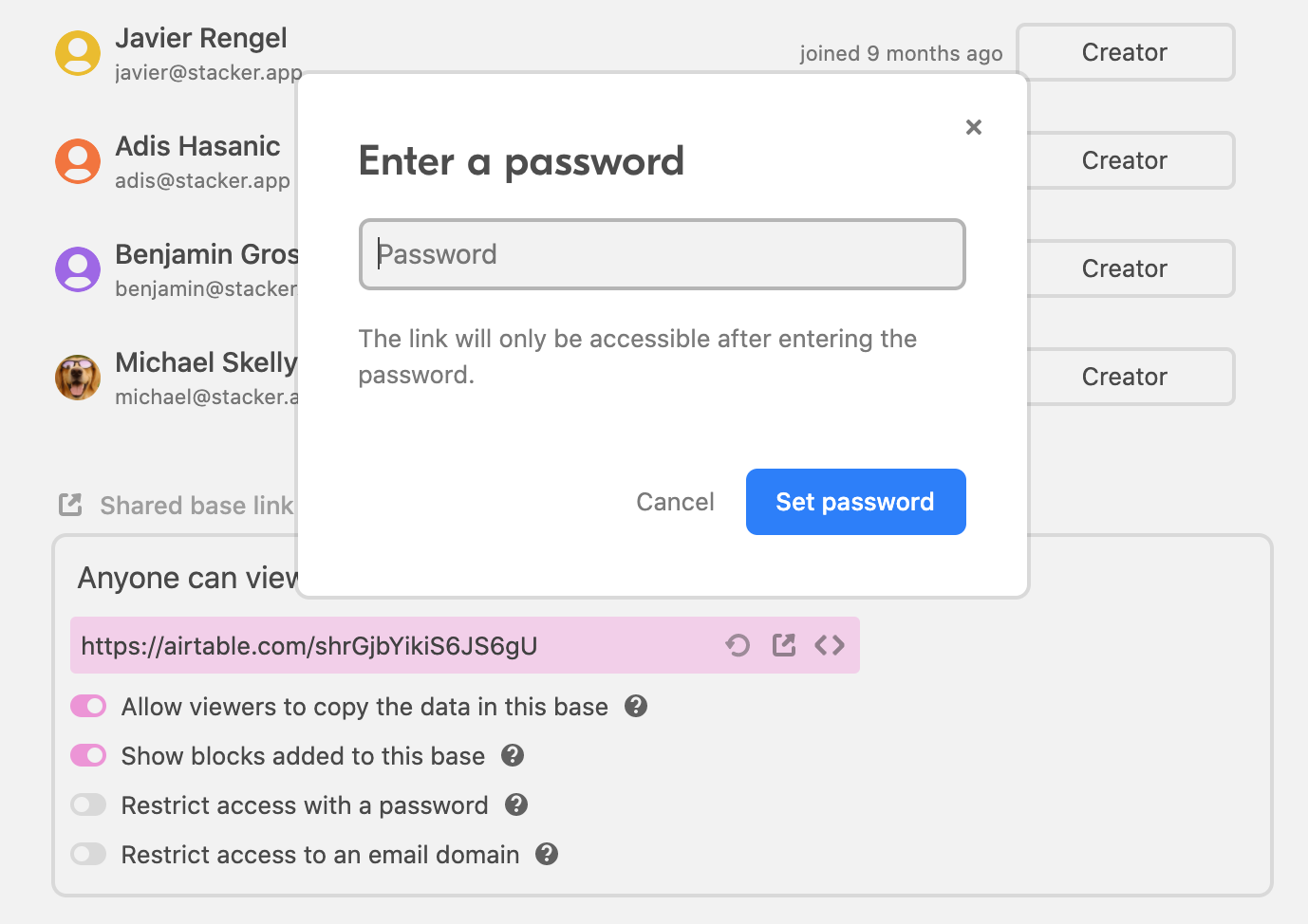 Airtable password protected sharing links