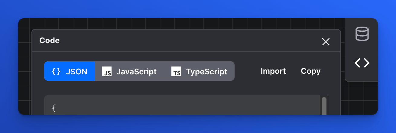 Top of the code panel in Stately Studio showing options for JSON, JavaScript, and TypeScript as well as an Import button.
