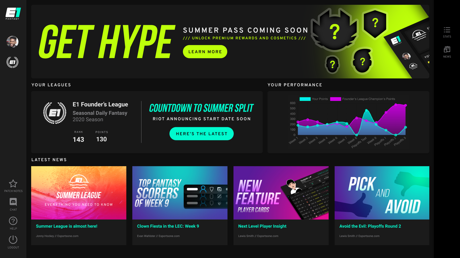 Logged In Fantasy Landing Page