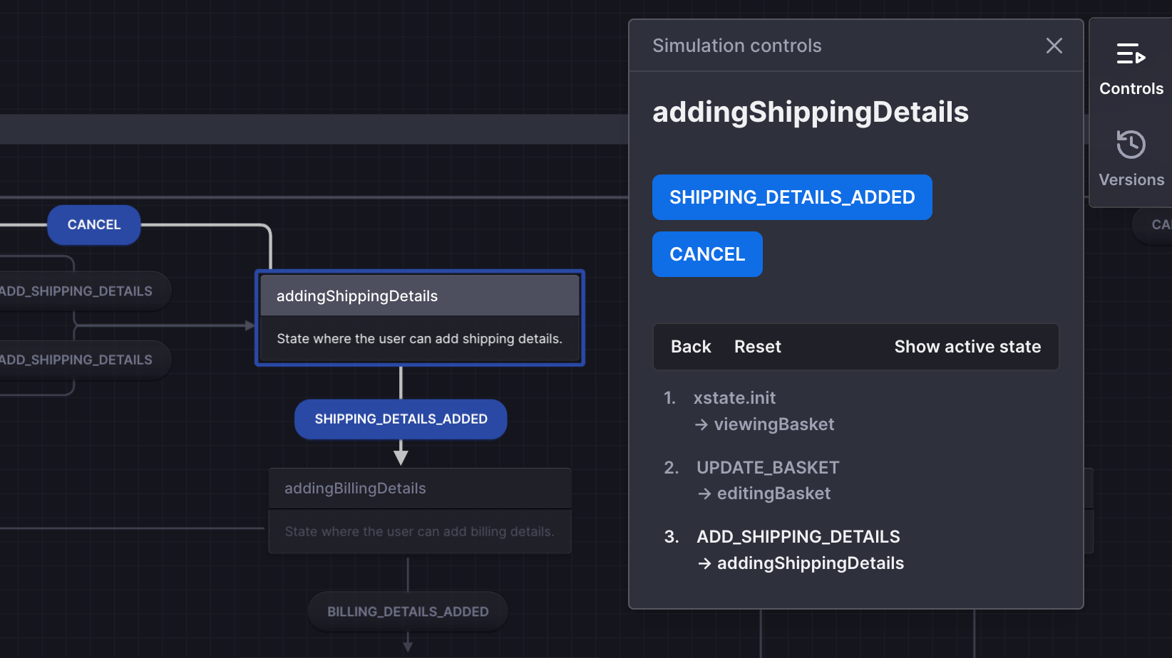 Controls panel in simulate mode showing event buttons for shipping_details_added and cancel. The log has the options for Back, Reset, and Show active state, and the log list is a numbered list of events and their target states.
