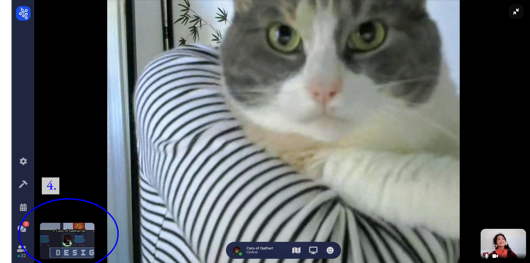 Image with a full-screened video call showing a circle around the in-space preview with the label "#4"